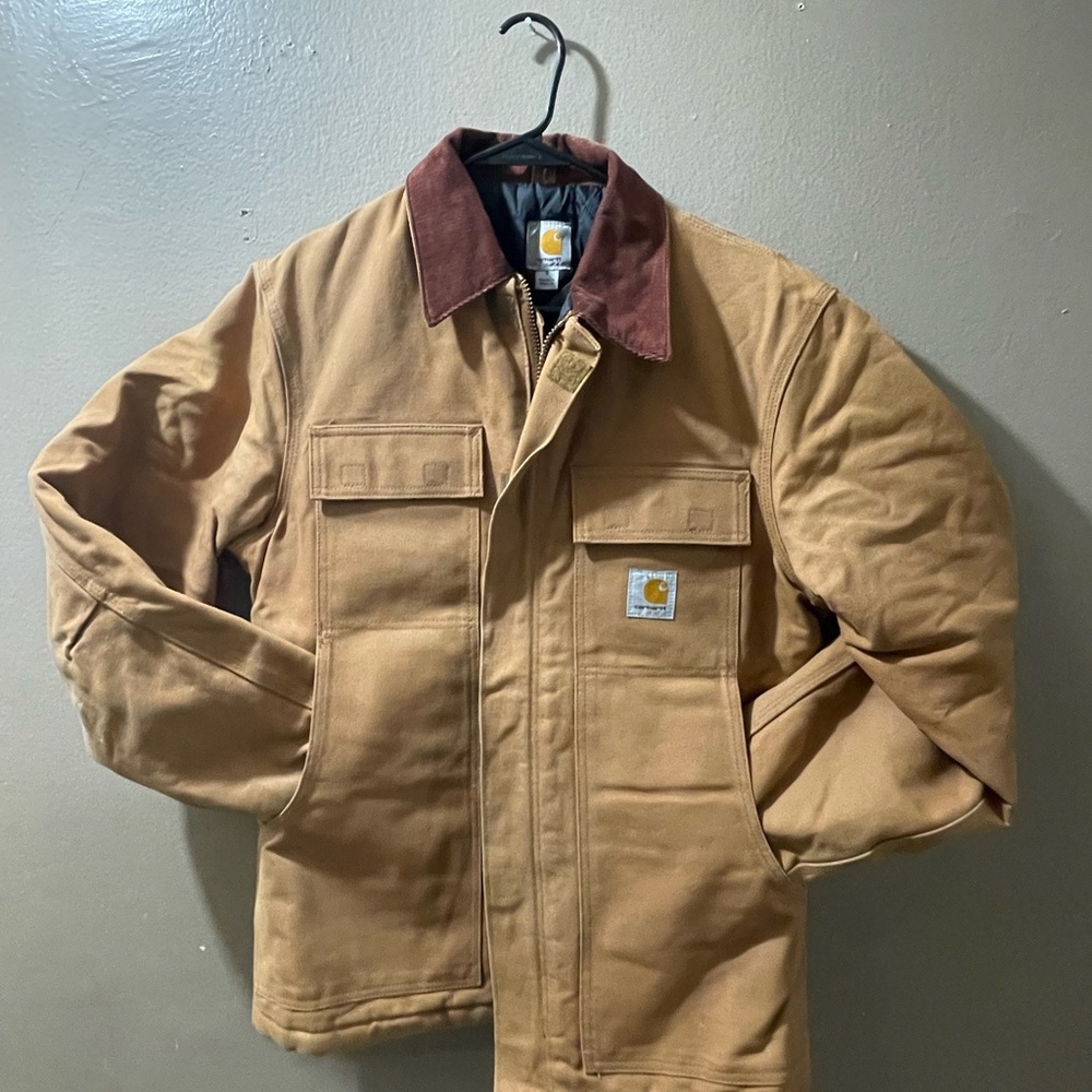 Vintage Carhartt Men's Tan Field Jacket with Brown Collar